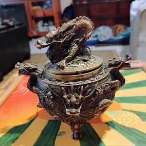 BRASS DRAGON INCENSE BURNER. SMOKE, COMES OUT OF MOUTH. VINTAGE